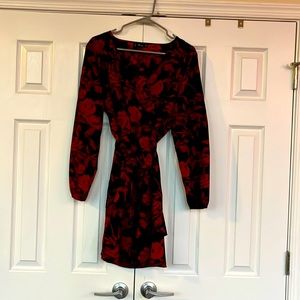 Blue and red floral long sleeve blousy cocktail dress